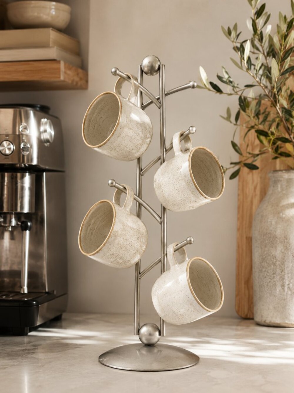 Vintage Pewter Mug Tree Coffee Cup Holder Countertop Display Rack 15"